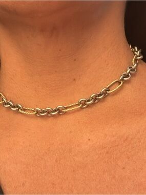 David Yurman 18 K Yellow Gold & Silver Cable- Link Toggle Necklace Choker